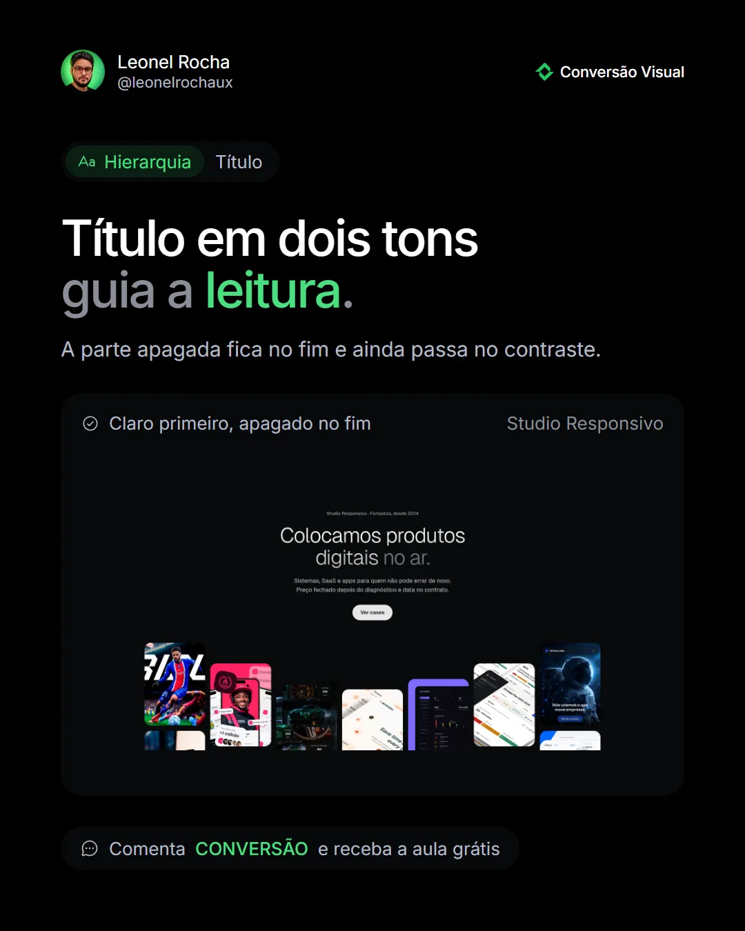 Título em dois tons: a parte apagada guia a leitura, desde que passe no contraste
